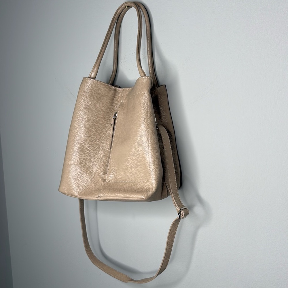 Leather Bucket Crossbody Bag in Taupe